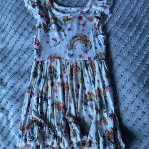 Posh Peanut White Rainbow & Floral Flutter Sleeve Dress